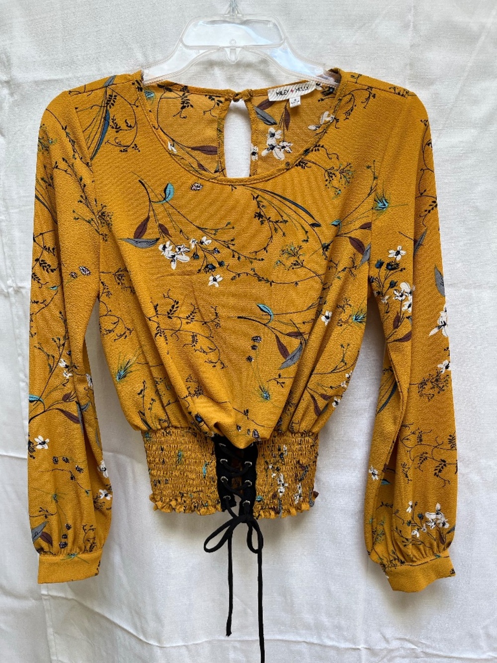 Yellow Floral Pattern Cinch-Waist Lace-Up Crop Top Blouse